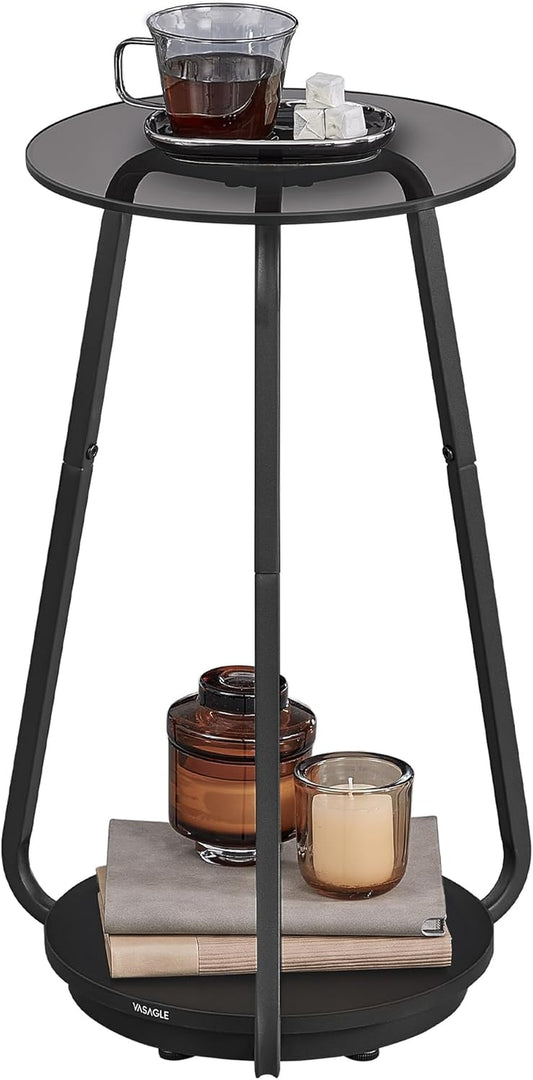 round Side Table, 2-Tier Nightstand, End Table with Glass Top and Particleboard Shelf, Cocktail Table, for Living Room, Bedroom, Small Spaces, Modern Style, Slate Gray ULET287B16