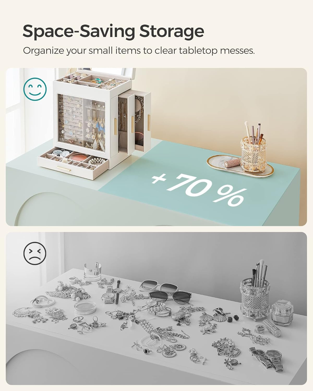 Jewelry Box with Glass Window, 5-Layer Jewelry Organizer with 3 Side Drawers, Jewelry Storage, with Big Mirror, Modern, 6.1 X 10.3 X 12.6 Inches, Cloud White and Metallic Gold UJBC162W01