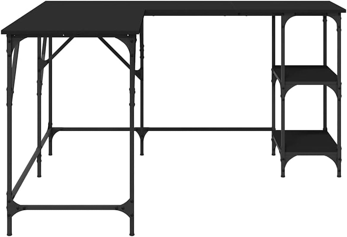 L-Shaped Computer Desk, 54.7-Inch Corner Gaming Table, Black Engineered Wood & Steel Frame, Adjustable Feet for Home Office, Modern Study Writing Workstation