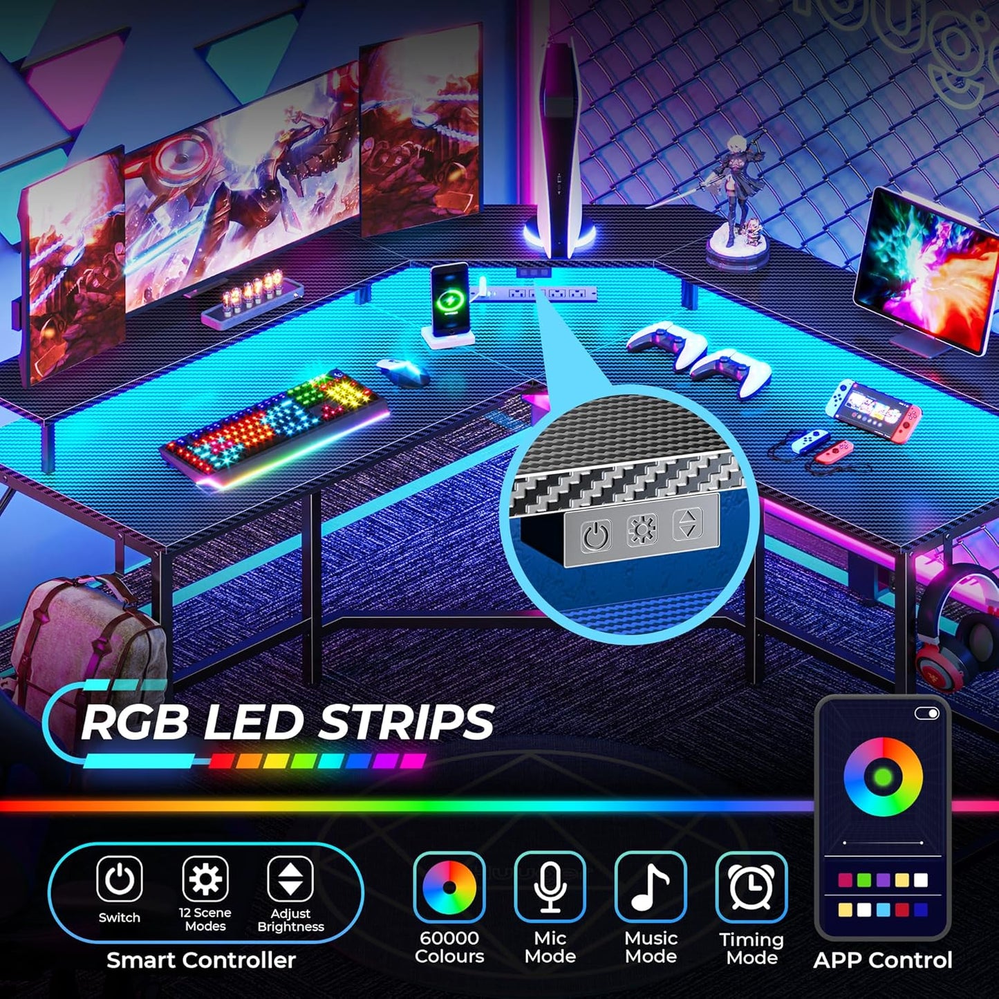 L Shaped Gaming Desk with Power Outlets & LED Lights, Computer Desk with Monitor Shelves, Carbon Fiber Surface, Home Office Desk, Corner Gaming Desk with Hooks, Carbon Fiber Black