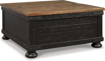 Valebeck Lift Top Coffee Table, Storage, Split-Top Design, Wood, 36" W X 36" D X 18" H, 2-Tone Distressed Brown & Black Finish