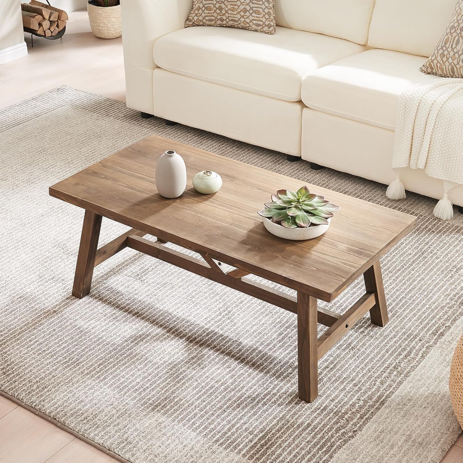 Farmhouse 43" Coffee Table,Solid Wood Center Tables for Living Room and Office, Rustic Wooden Rectangular Table with V-Shaped Support, Natural