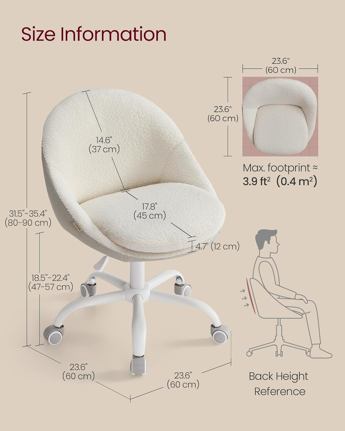 Vanity Chair with Back, Adjustable Swivel Cute Desk Chair with Wheels, Sherpa and PU Leather for Lumbar Support, Compact for Small Spaces, Bedroom, Cappuccino Beige and Cloud White UOBG020W91