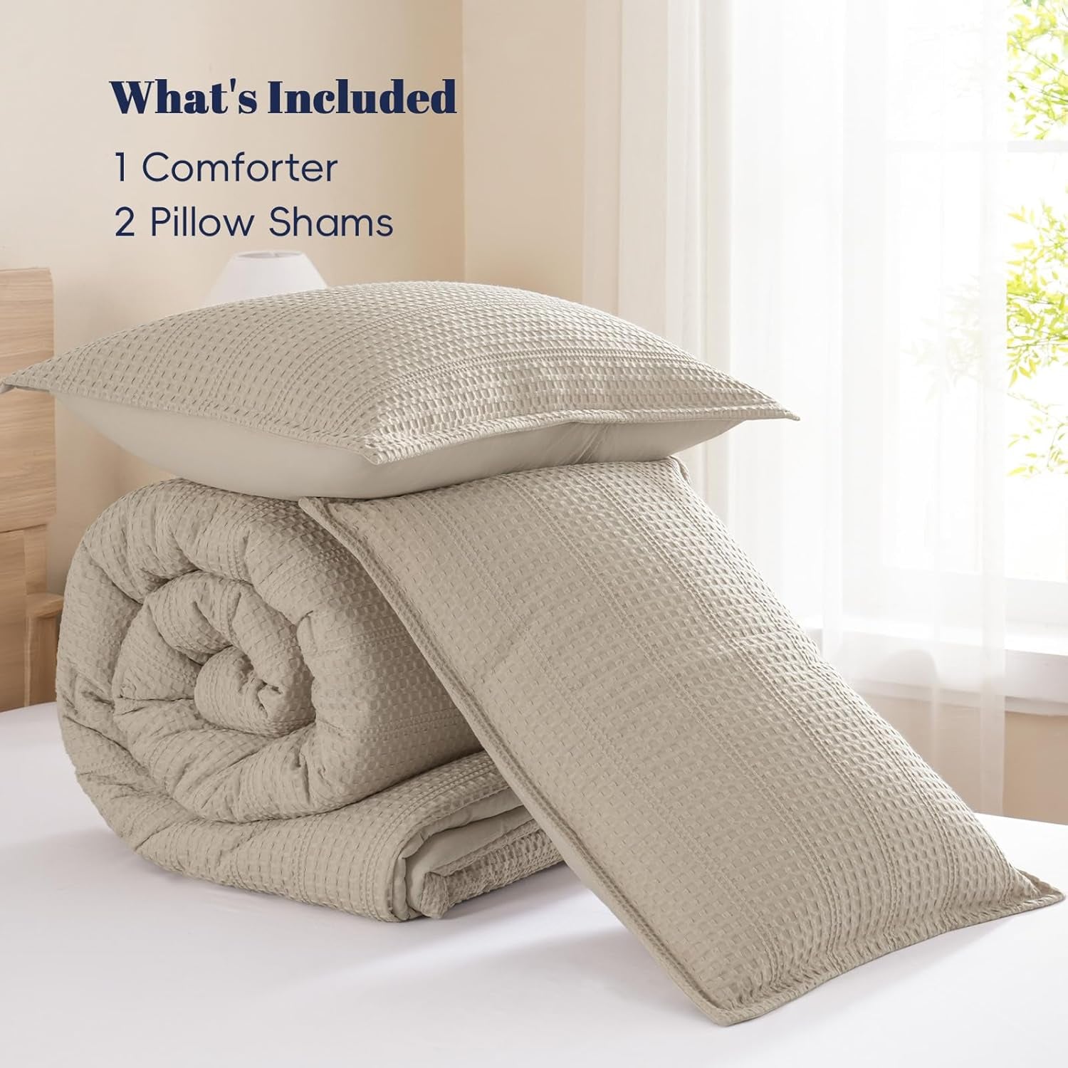 Soft Waffle Comforter Set King Size- Comfy Breathable Waffle Weave Comforter with 2 Pillow Shams, 3 Pieces Less Snagging Lightweight Textured Bedding Set for All Season, Natural/Linen