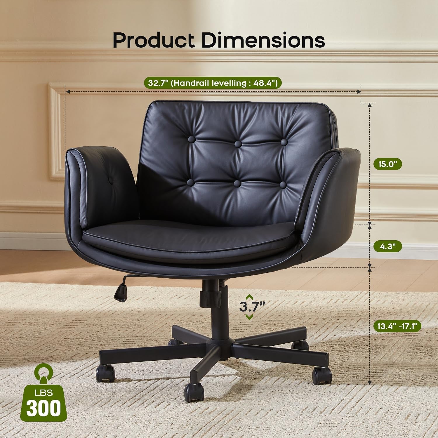 Criss Cross Chair with Armrests & Wheels, PU Leather Vanity Chair, Comfortable Adjustable Swivel Computer Office Desk Chairs for Home, Make Up, Bed Room (Black)
