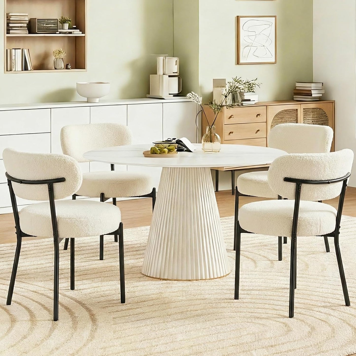 Dining Chairs Set of 4, Mid Century Modern Chair round Upholstered Curved Backrest, Kitchen Vanity Living Room Chairs with Black Metal Legs，Light Beige
