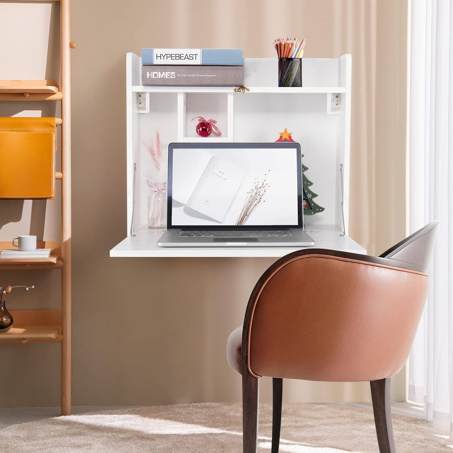 Wall Mounted Table, Multifunctional Fold down Wall Mounted Laptop Computer Desk with Storage Compartments for Home, Office, White