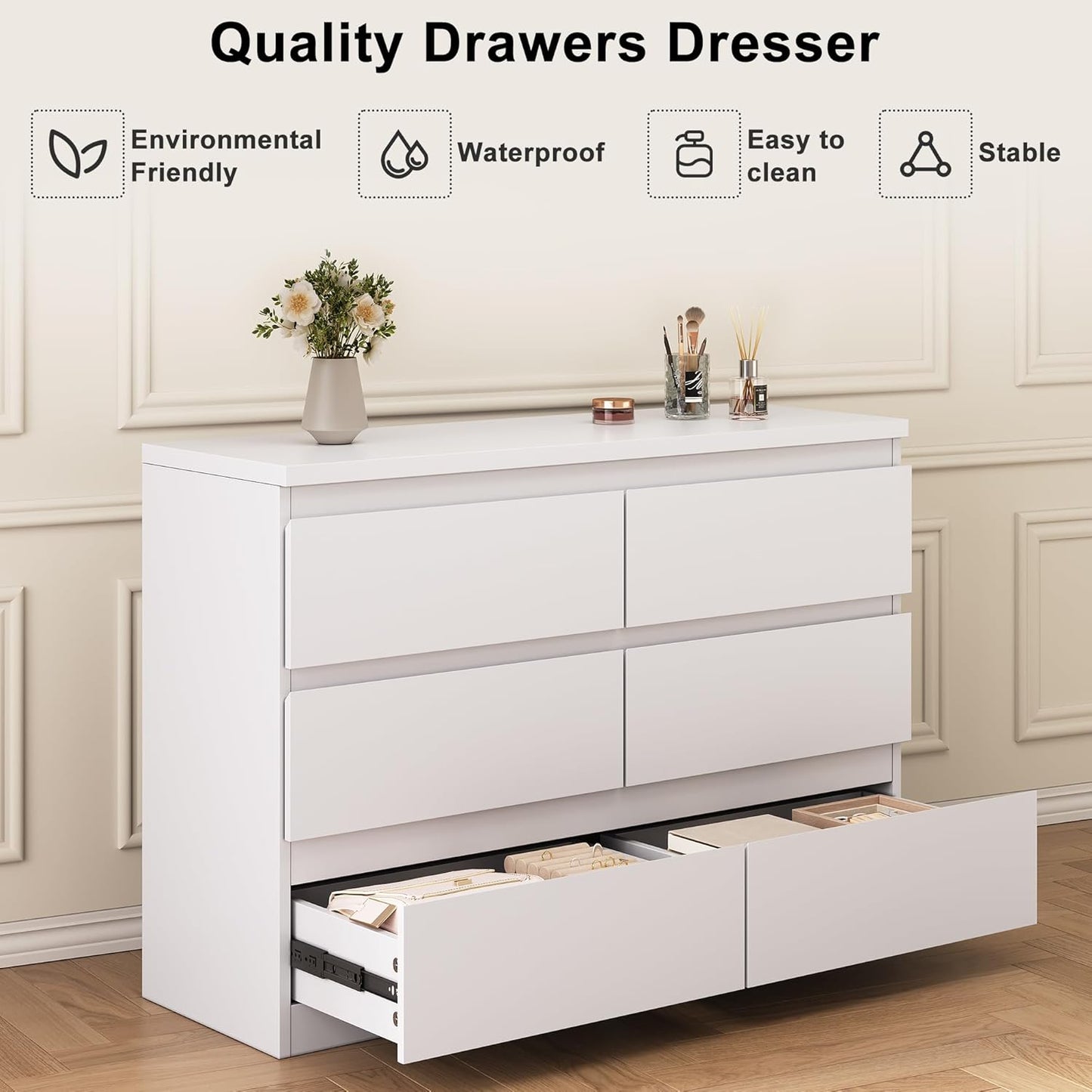 White 6 Drawer Dresser for Bedroom, 15.3" D X 47.2" W X 32.3" H in Simply Modern Chest of Drawers, Wood Storage Double Dresser with Deep Drawers for Living Room, Hallway Entryway, White