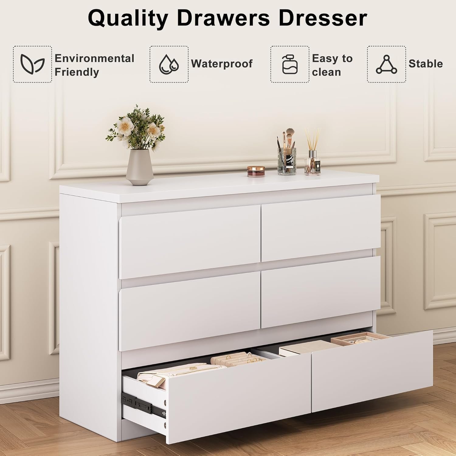 White 6 Drawer Dresser for Bedroom, 15.3" D X 47.2" W X 32.3" H in Simply Modern Chest of Drawers, Wood Storage Double Dresser with Deep Drawers for Living Room, Hallway Entryway, White
