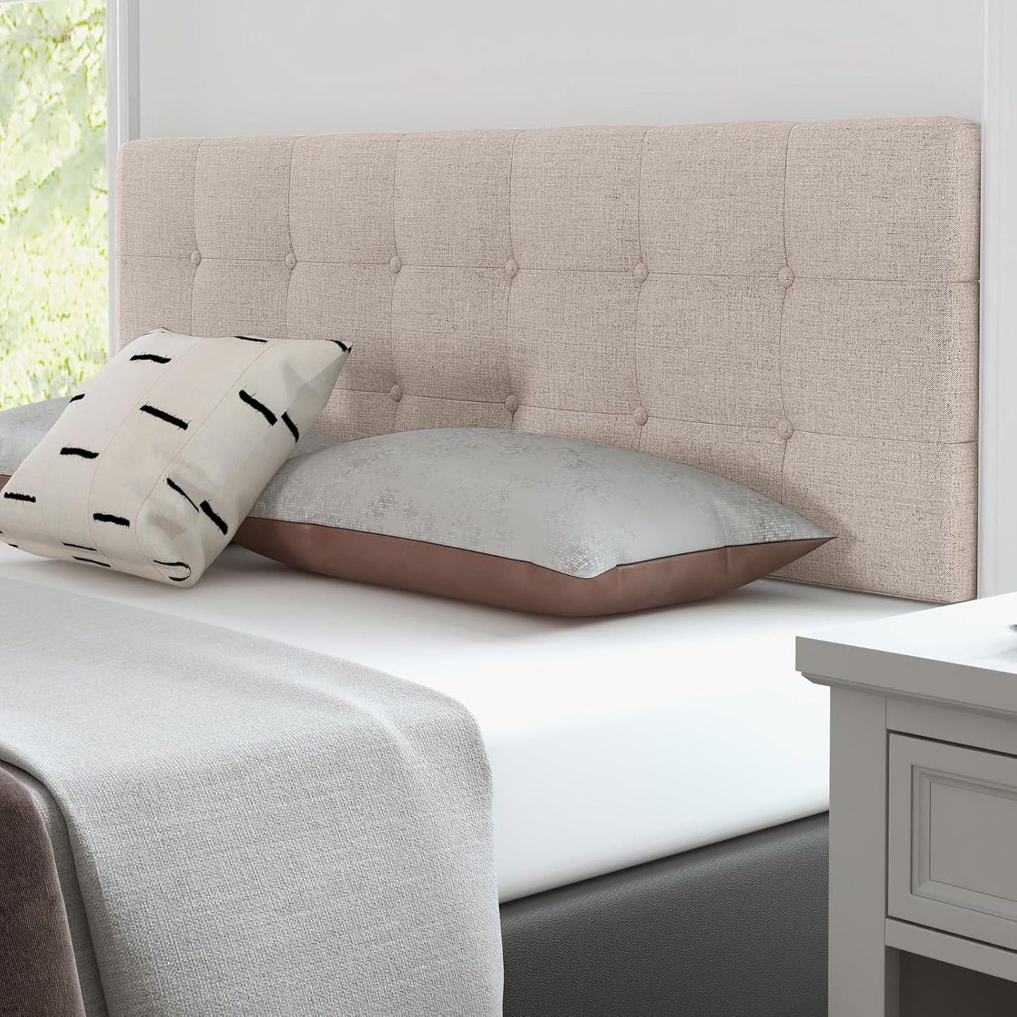 Linen Upholstered Headboard, Adjustable Width Button Tufted Headboard Only with Solid Wood Legs, Attach Frame, Modern Headboards for Queen Full Size Bed, Beige