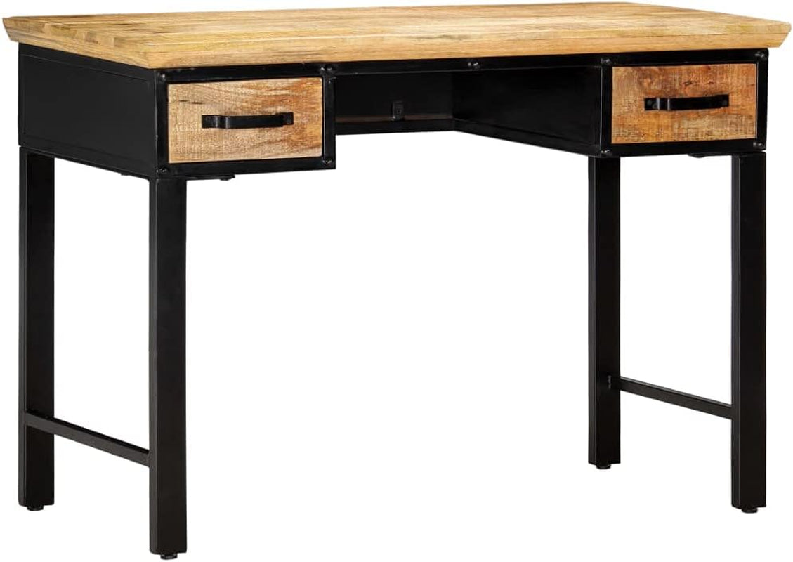 Writing Table Natural and Black Solid Mango Wood, Engineered Wood, 43.3 X 19.7 Inch Computer Desk with 2 Drawers, Home Office Desk