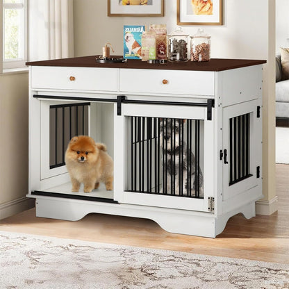 Dog Crate Furniture for 2 Dogs, Dog Kennel with 2 Storage Drawers & Divider, Large Double Dog Cage as TV Stand, Furniture Style Dog Crates with Sliding Barn Door (Brown & White)