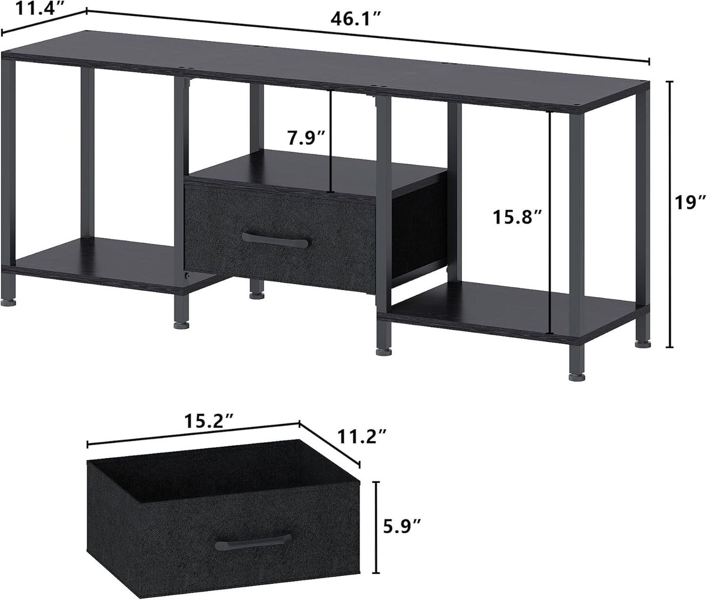 TV Stand with LED Lights, Entertainment Center with Open Shelves and Fabric Drawer, Media Console for 55 Inch TV, Television Stands for Living Room, Bedroom, Black