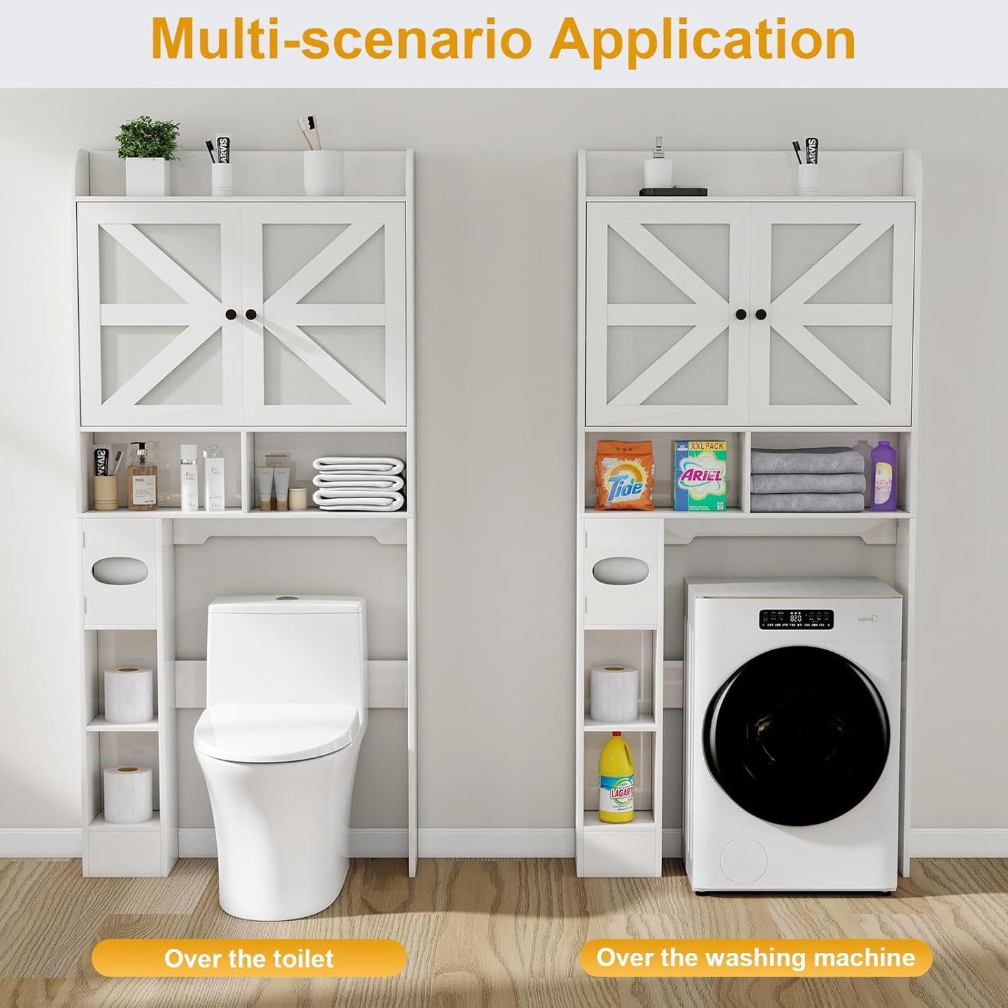 Over the Toilet Storage Cabinet with Farmhouse Barn Doors and Adjustable Shelves, Freestanding Bathroom Organizer with Toilet Paper Holder, Wood Space Saver for Small Restroom & Laundry Room, White