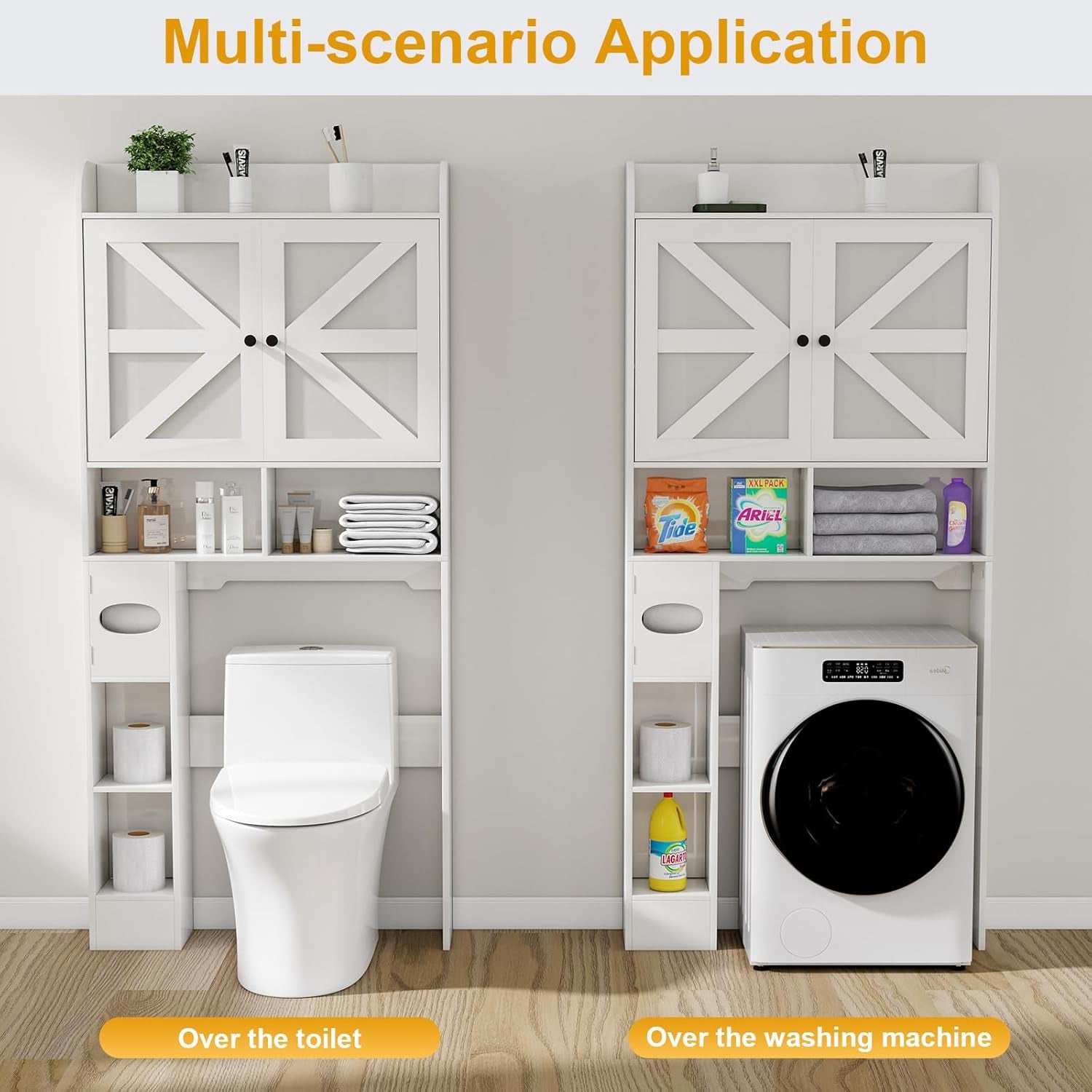 Over the Toilet Storage Cabinet with Farmhouse Barn Doors and Adjustable Shelves, Freestanding Bathroom Organizer with Toilet Paper Holder, Wood Space Saver for Small Restroom & Laundry Room, White