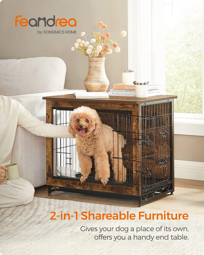 Dog Crate Furniture, 43.3" Side End Table, Modern Kennel for Dogs Indoor up to 80 Lb, Heavy-Duty Dog Cage with Enclosed Base, Double-Door Dog House, Rustic Brown UPFC024X01