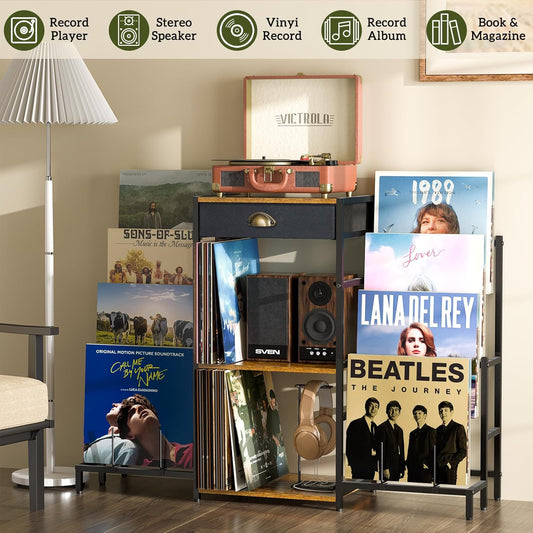 Record Player Stand with Vinyl Storage, Record Player Table with 8-Tier Display Shelf up to 200 Albums, Vinyl Record Stand with Record Player Cabinet,Turntable Stand with Record Holder for Living Room