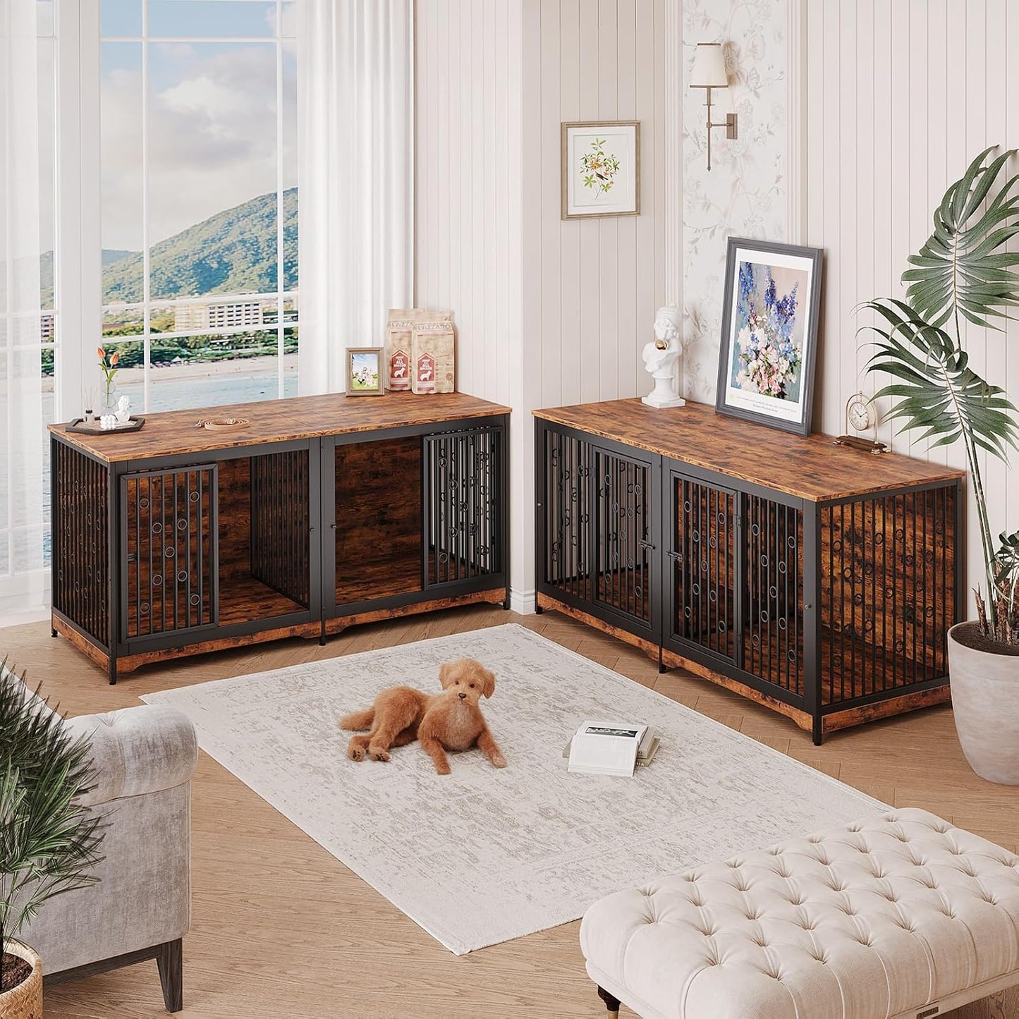 71 Inch Dog Crate Furniture for 2 Dogs with Divider, XXL Wooden Double Dog Cage Furniture TV Stand, Sturdy Indoor Pet Kennel for Medium and Large Breed, Brown