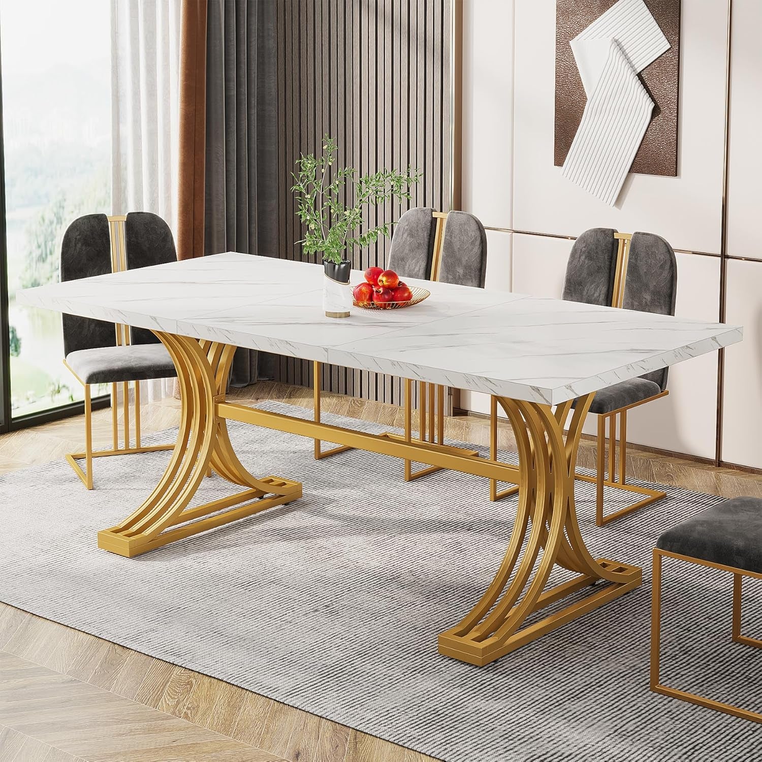 63-Inch Rectangular Dining Table for 4 to 6, Modern Kitchen Table with Stylish Metal Trestle Legs, Large Dinner Table for Dining Room, Chair Not Included (White+Gold)