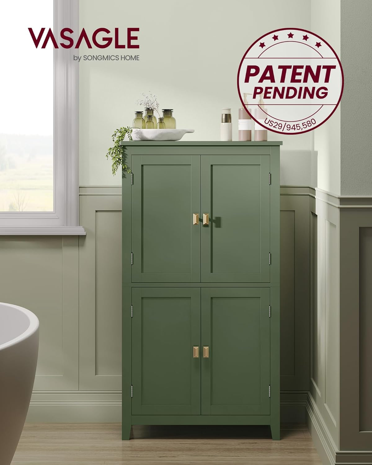 Bathroom Floor Storage Cabinet, Bathroom Storage Unit, Freestanding Cabinet with 4 Doors, Adjustable Shelves, 11.8 X 23.6 X 43.3 Inches, Forest Green UBBC552C01