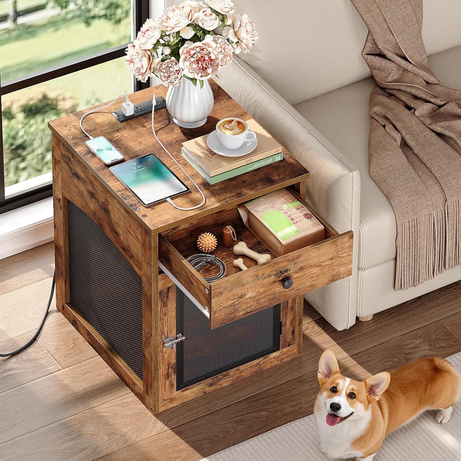 Dog Crate Furniture, Dog Kennel with Drawer and Charging Station, Indoor Decorative Puppy House, Wooden Pet Crate End Table for Small Dogs, Greige and Black BG58UGW03G1