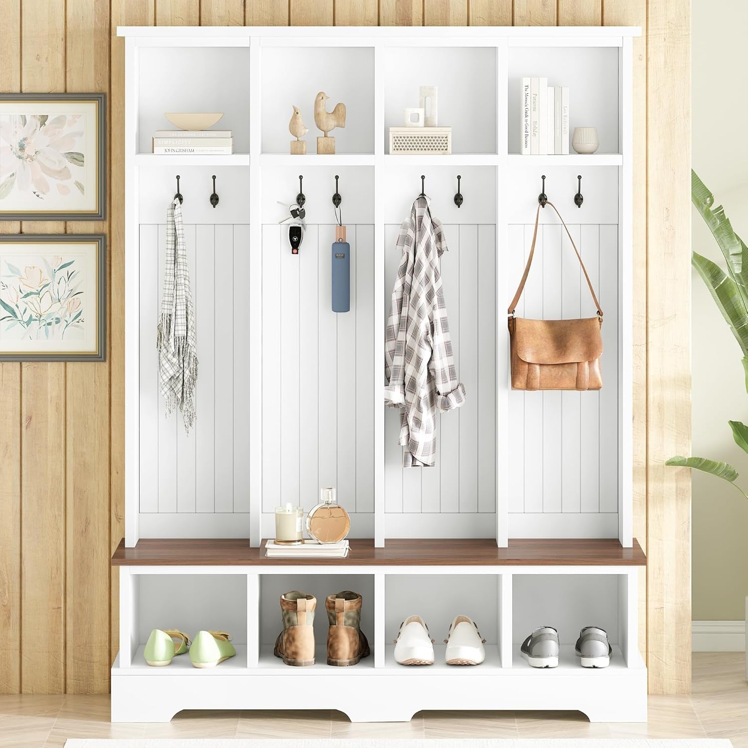 Farmhouse Hall Tree with 8 Hooks,Entryway Cabinet W/Bench,Multi-Functional Coat Rack W/4 Storage Unit and 4 Shoe Cabinet,Entryway Cabinets for Hallway,Living Room,Mudroom,White
