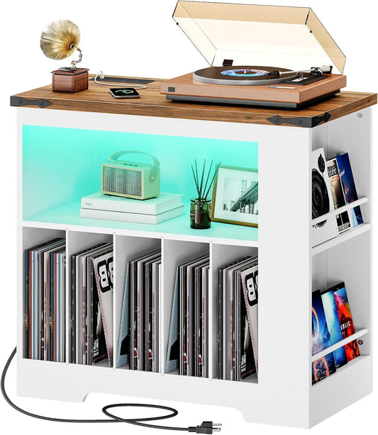 Large Record Player Stand with Charging Station & LED Lights, Vinyl Record Storage Table Holds up to 230 Albums, Turntable Stand with Display Shelf for Living Room, Walnut and White WH80UDRS01