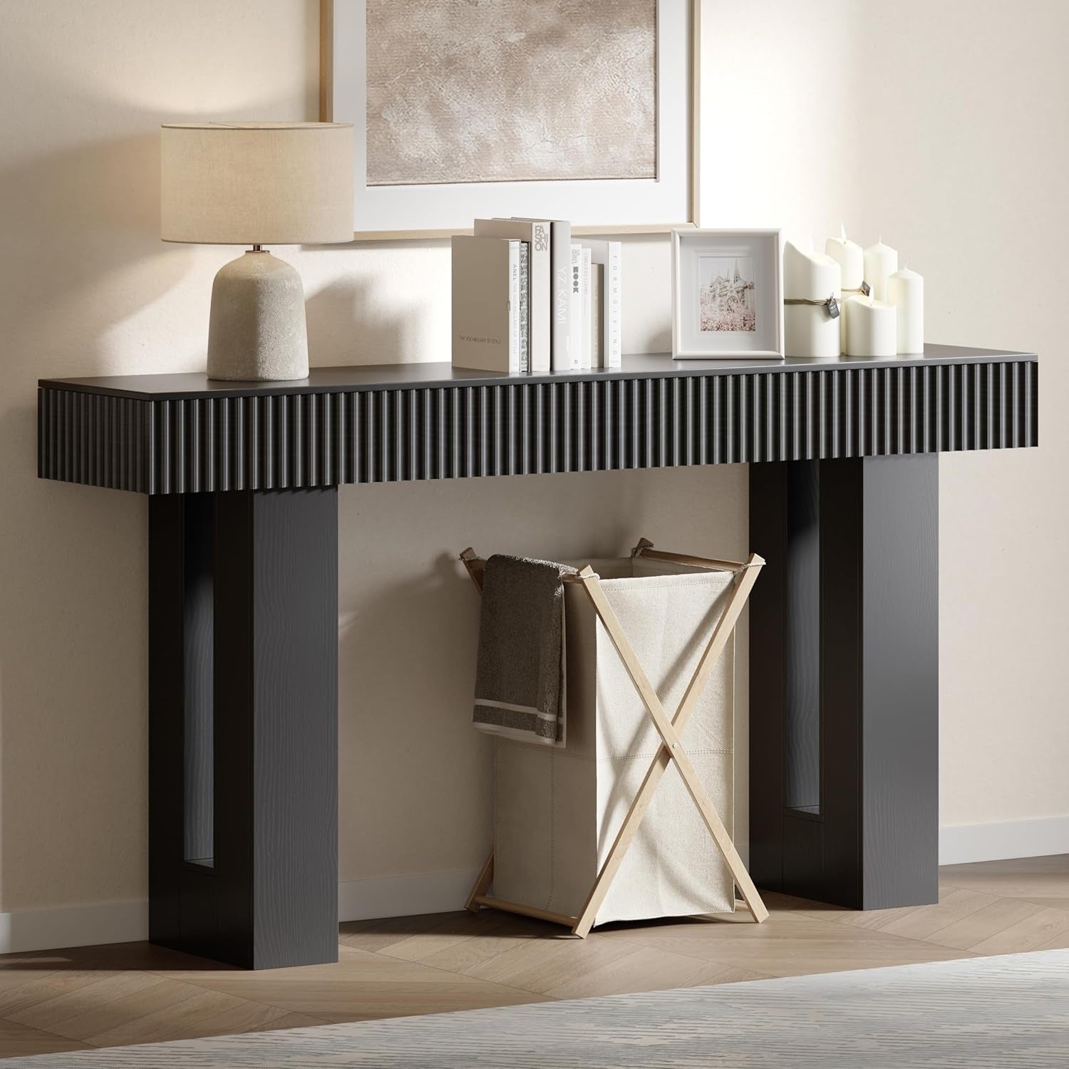 Farmhouse Entryway Table, 63" Long Fluted Console Table, Rustic Wooden Rectangular Sofa Table behind Couch, Modern Narrow Entry Table for Entrance, Hallway and Living Room, Modern Black