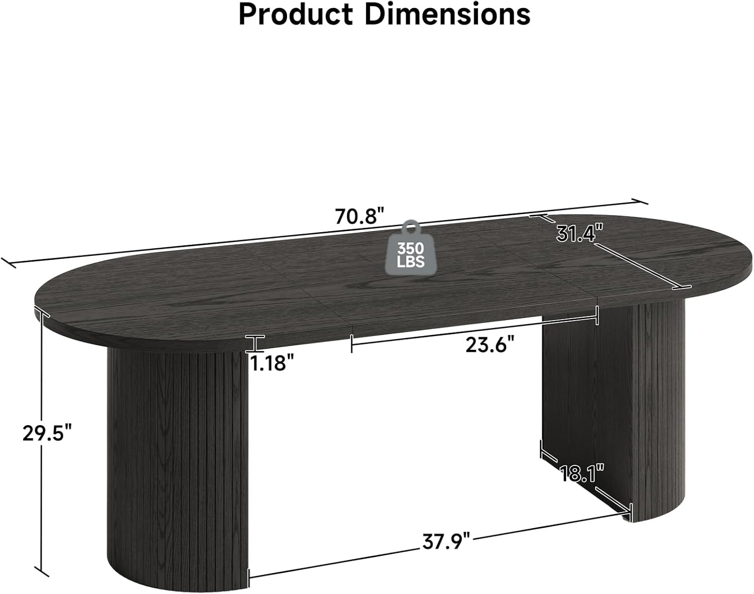 70.8 Inch Dining Table for 4-8, Oval Dining Room Table with Curved Fluted Wood Strip Base, Mid-Century Modern Kitchen Tables with Footpads, Dinner Tables for Living Room, Dining Room, Black