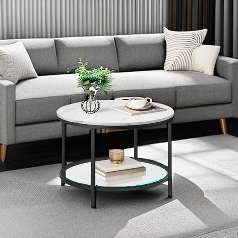 round Coffee Table, 2-Tier Small Coffee Table with Faux Marble Top and Glass Shelf, Modern Style, for Living Room, 25.6 X 25.6 X 18.1 Inches, Marble White and Ink Black ULCT072W13