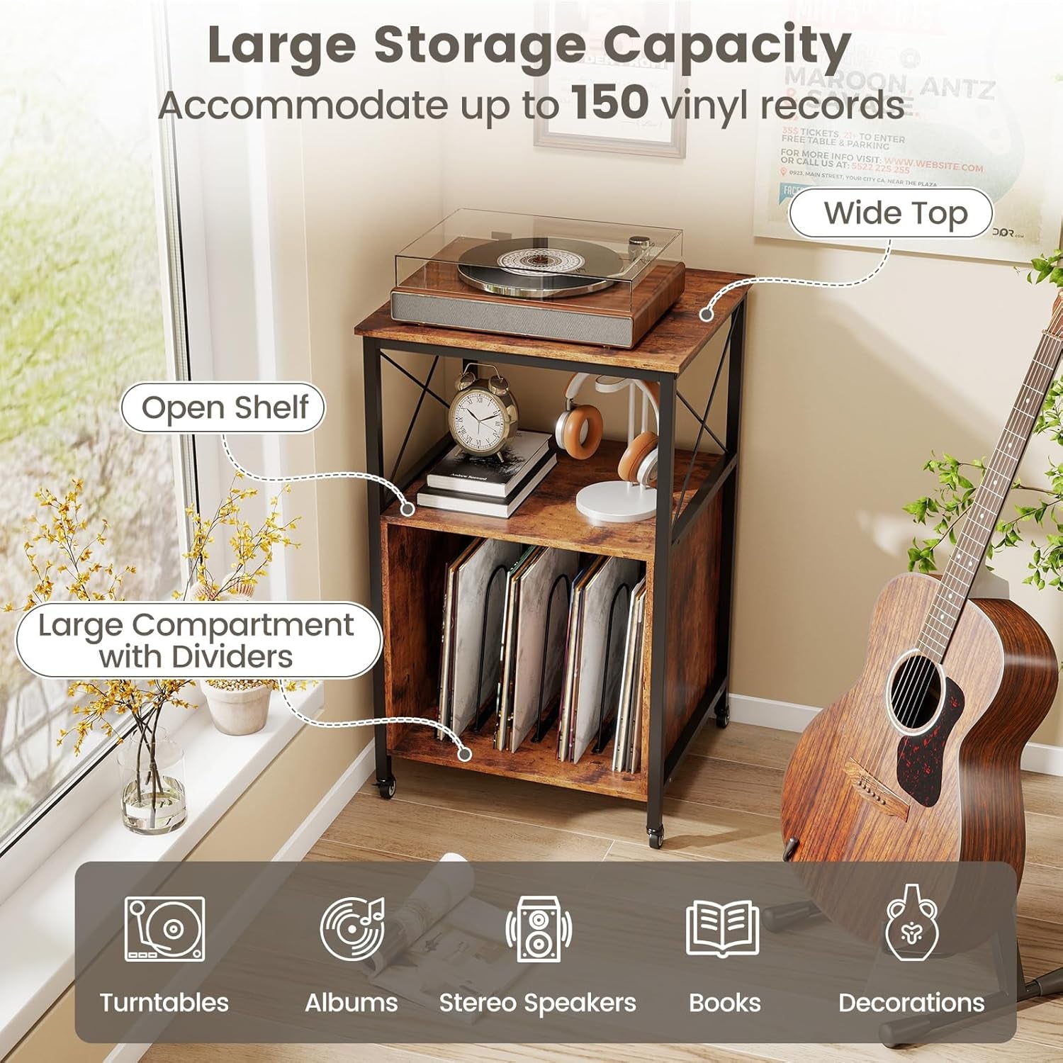 Record Player Stand with Charging Station, Rolling 3-Tier Turntable Stand with Open Shelf & Dividers, Record Player Table with Metal Frame, Vinyl Record Storage on Wheels for Living Room