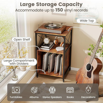 Record Player Stand with Charging Station, Rolling 3-Tier Turntable Stand with Open Shelf & Dividers, Record Player Table with Metal Frame, Vinyl Record Storage on Wheels for Living Room
