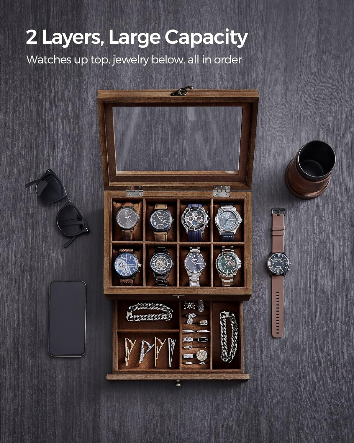2 Items Bundle - Watch Boxes, 12-Slot Solid Wood Watch Box Organizer with Glass Lid, 2-Tier Watch Case with 8 Slots, Rustic Walnut UJOW008K01 and UJOW120K01