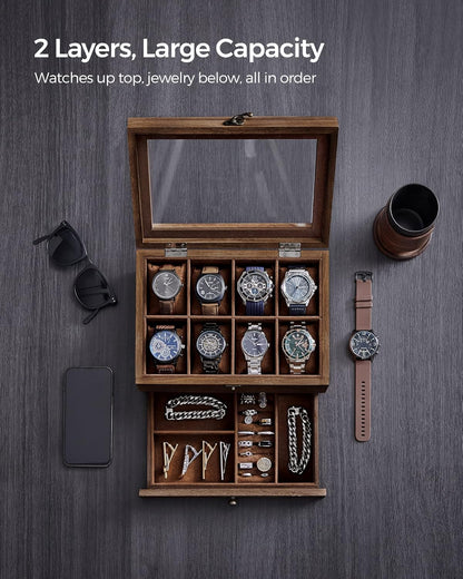 8-Slot Watch Box, 2-Tier Watch Display Case with Large Glass Lid, Removable Watch Pillows, Velvet Lining, Jewelry Box, Gift Idea, Rustic Walnut UJOW008K01