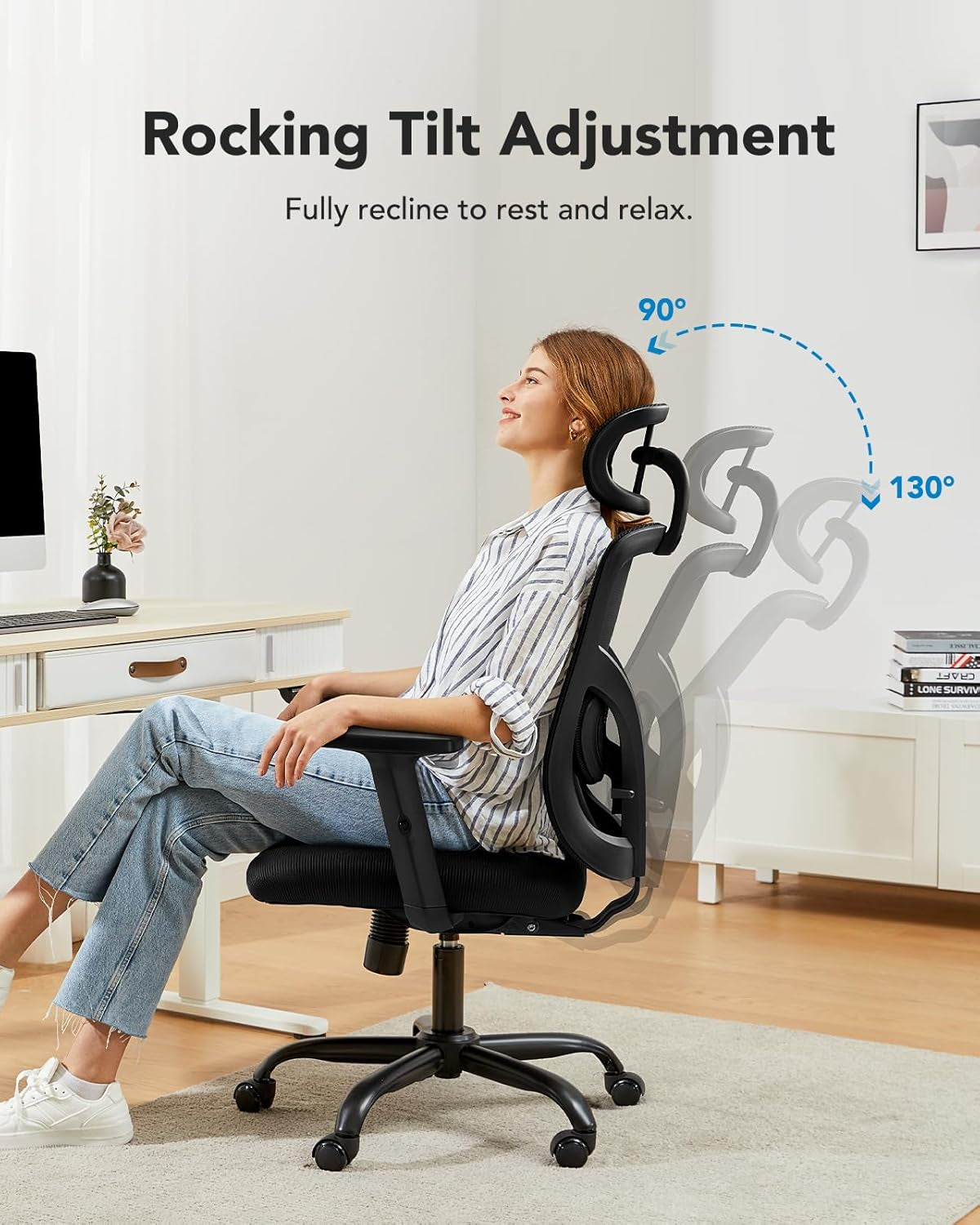 Ergonomic Office Chair, High Back Mesh Chair for Big and Tall People with Lumbar Support, Adjustable Headrest and Armrest, Thick Cushion & Tilt Function Recliner for Home Office Black