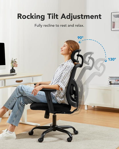 Ergonomic Office Chair, High Back Mesh Chair for Big and Tall People with Lumbar Support, Adjustable Headrest and Armrest, Thick Cushion & Tilt Function Recliner for Home Office Black