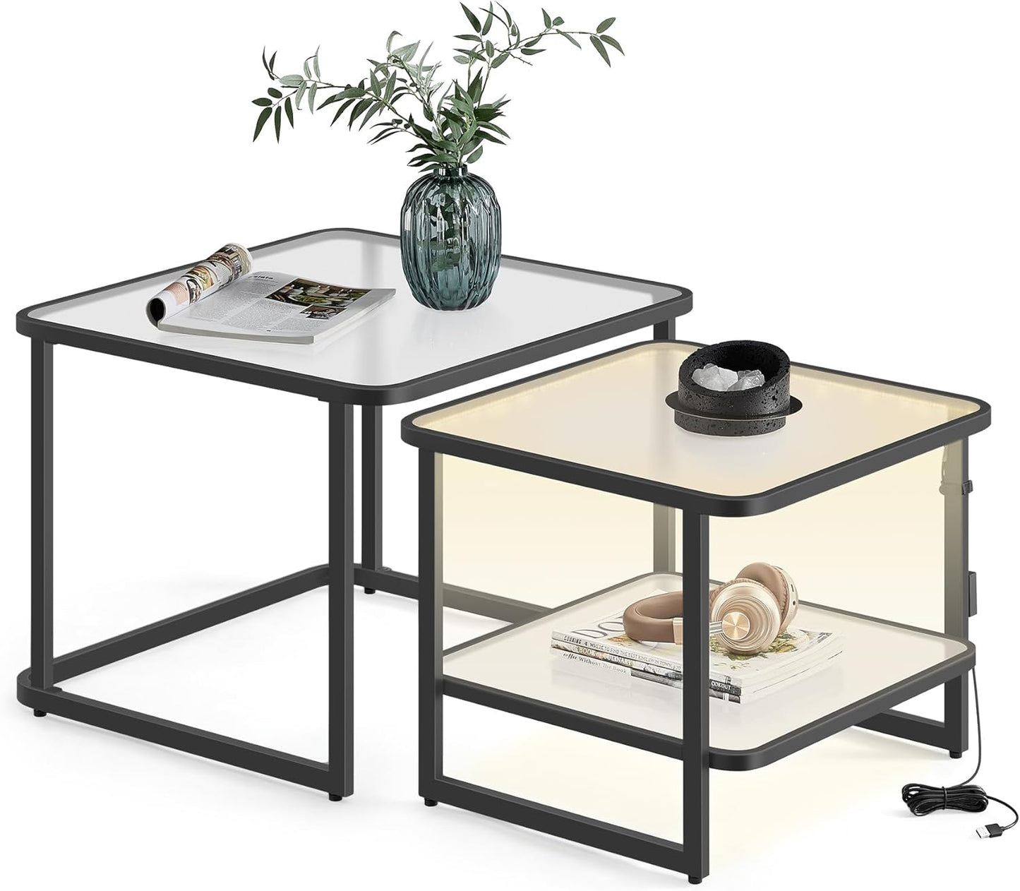Nesting Tables Set of 2, Frosted Glass Coffee Table with LED Lights, Modern Square Side Tables with Bottom Shelf, for Living Room, Bedroom, Office, Cloud White and Ink Black ULCT246B01