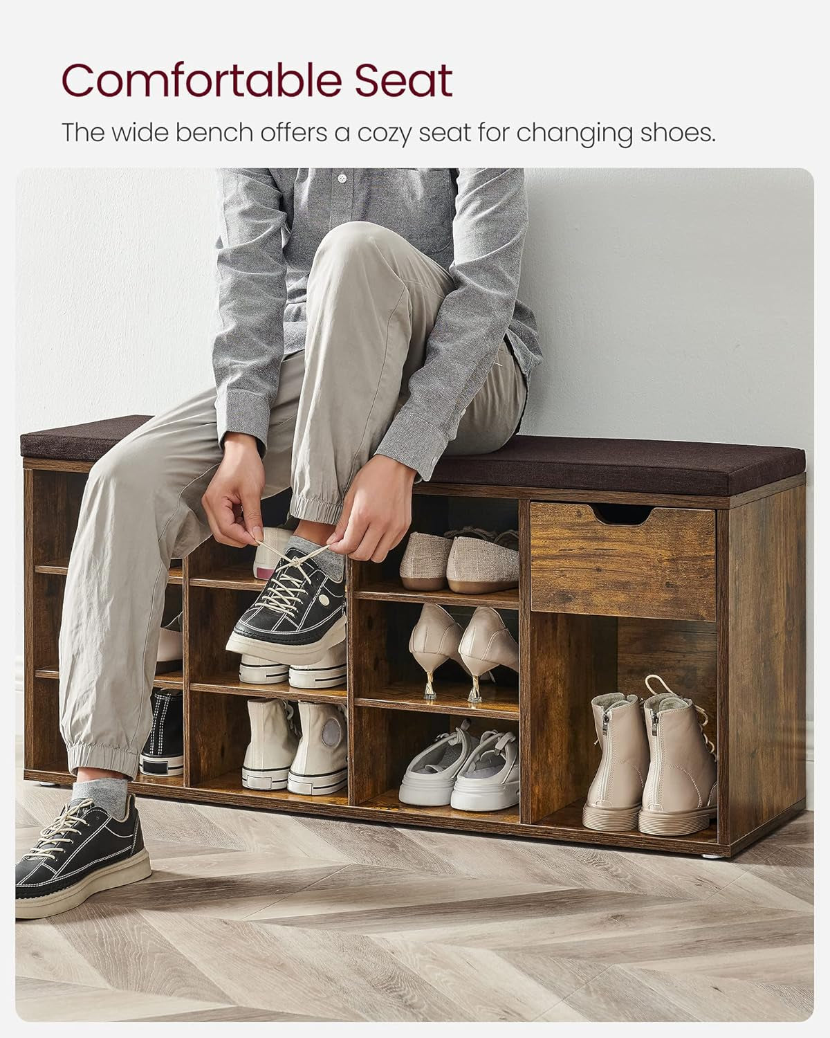CUSTOS Collection - Shoe Bench, Storage Bench with Padded Seat, Entryway Bench with 15 Compartments, for Bedroom, 11.8 X 40.9 X 18.9 Inches, Heather Greige and Cappuccino Beige ULHS024K02