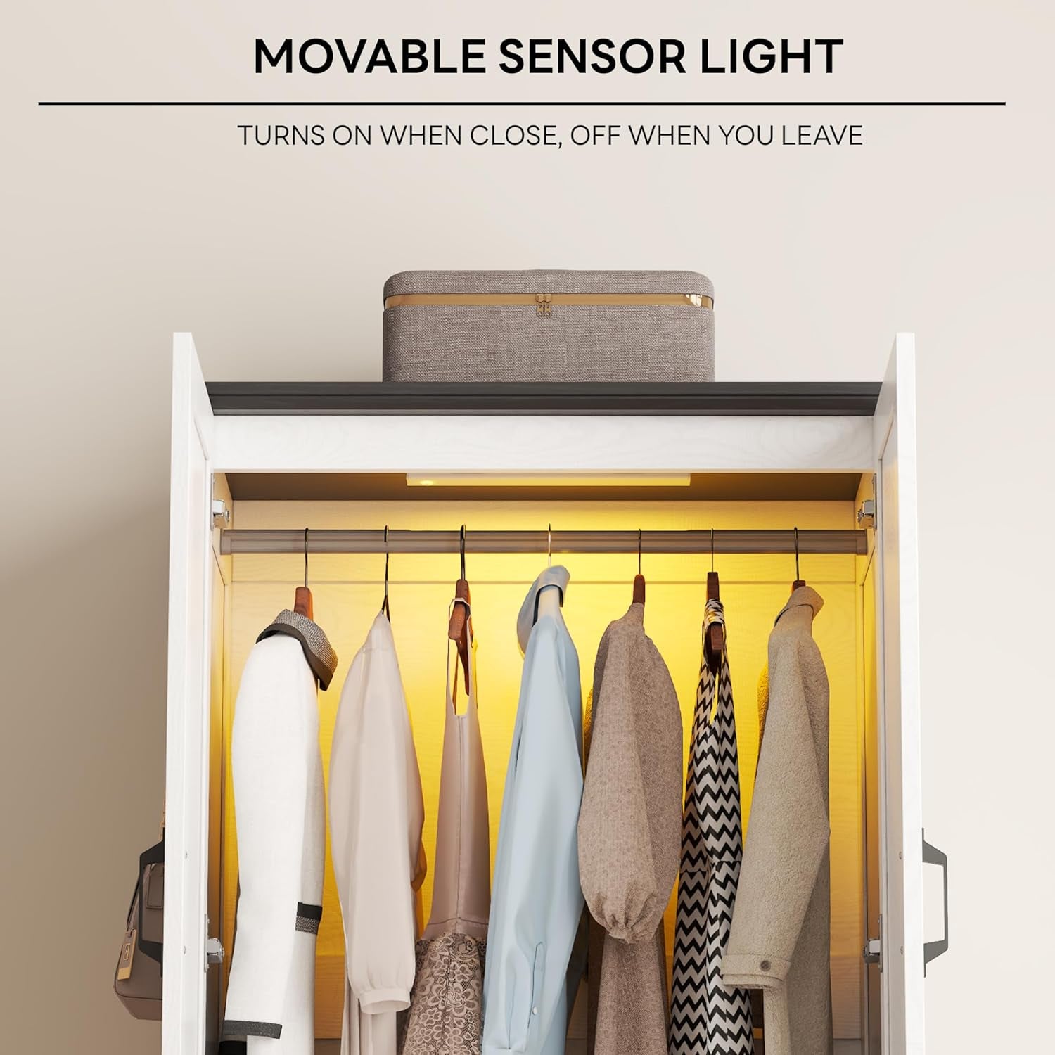 Armoire Wardrobe Closet 70.9" H, Bedroom Wooden Wardrobe with 2 Doors, 2 Drawers and Sensor Light, Clothing Storage Cabinet Organizer Combination with Hanging Rod, Hooks, White