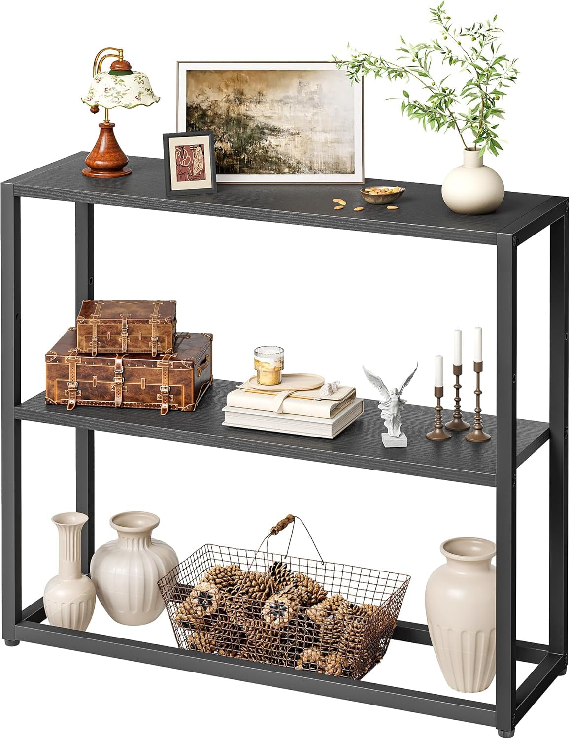 Small Entryway Table, 29.5" Narrow Console Table with Shelves, Sofa Table, Couch Table, Side Table, Entry Table for Hallway, Living Room, Small Space, Black