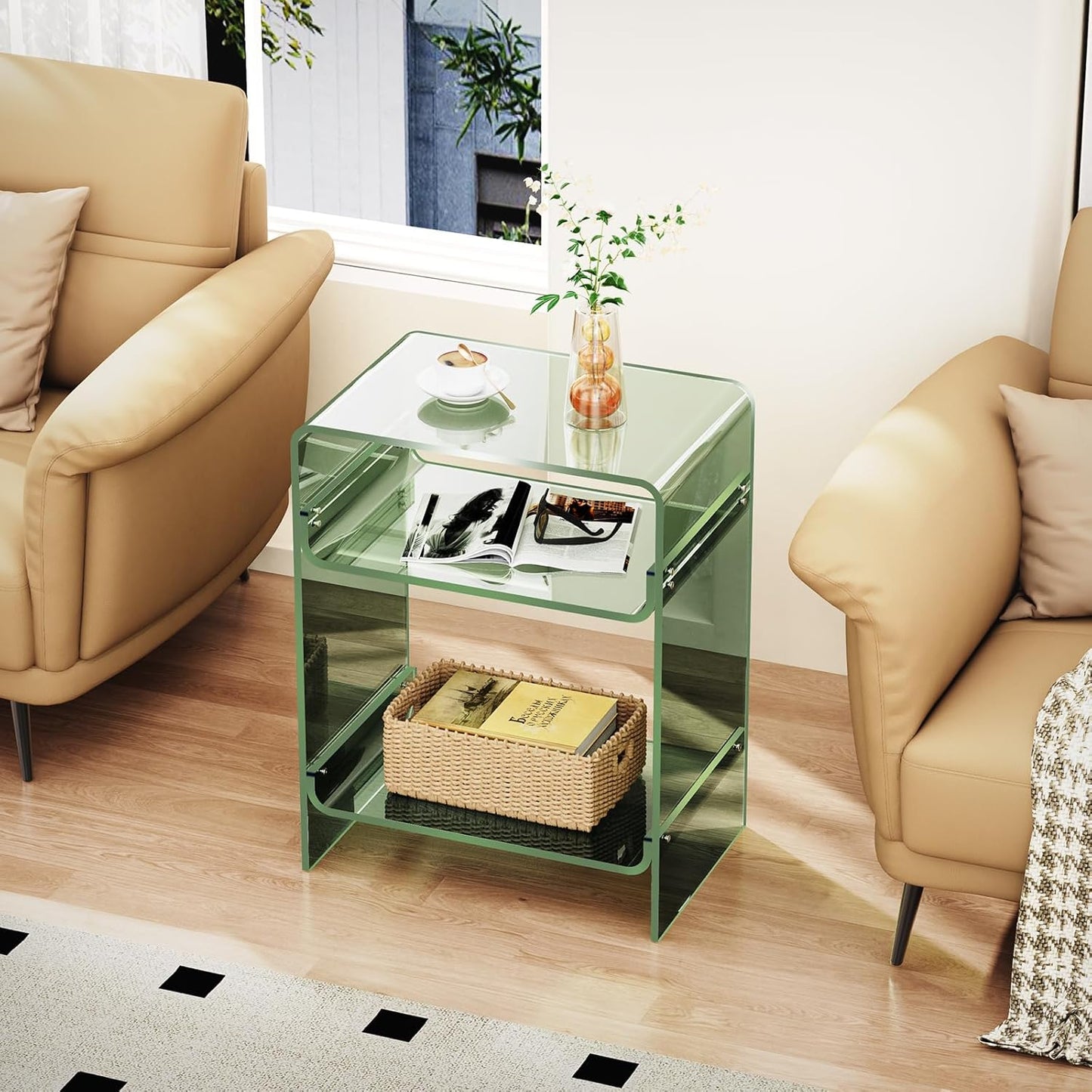 Acrylic Record Player Table with Storage Shelf, Clear Side Table Nightstand (Green, Large)