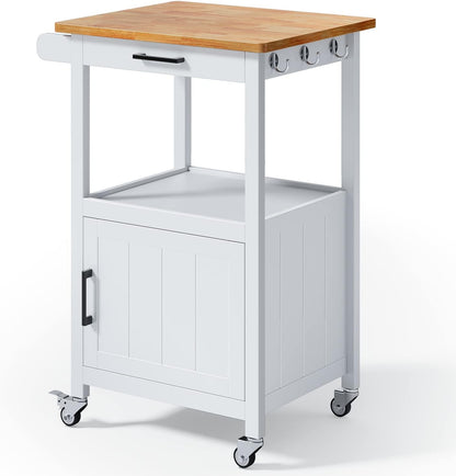 Kitchen Cart with Drawer, Small Kitchen Island on Wheels, Microwave Cart, Small Home Coffee Bar, Microwave Stand, Rolling Kitchen Island Cart with Side Hook, White