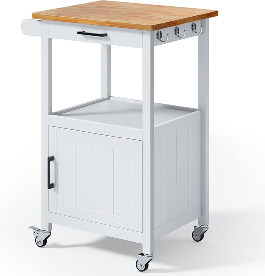 Kitchen Cart with Drawer, Small Kitchen Island on Wheels, Microwave Cart, Small Home Coffee Bar, Microwave Stand, Rolling Kitchen Island Cart with Side Hook, White