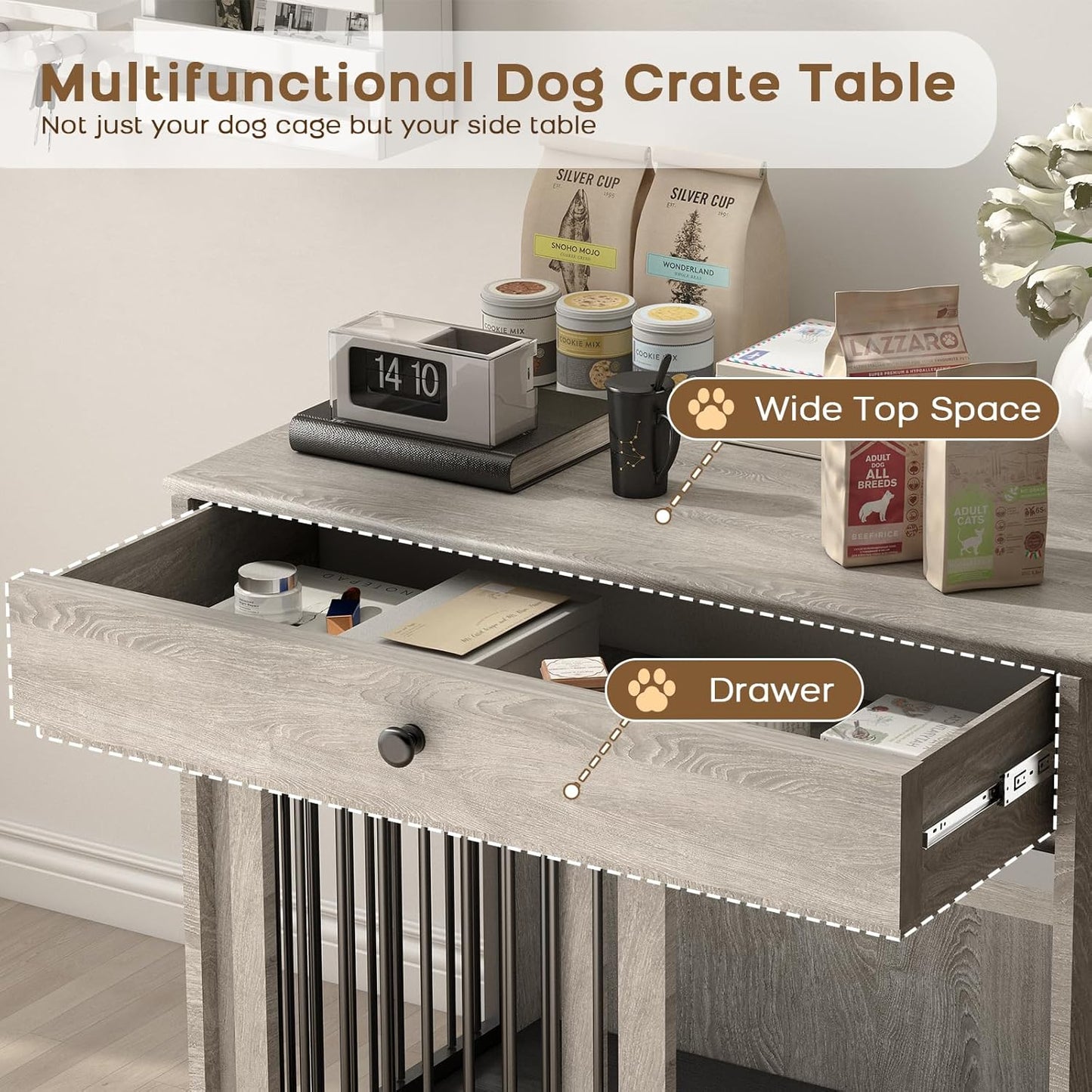 Large Dog Crate Furniture with Sliding Door & 360° Spinning Bowls | Durable Modern End Table for Medium & Large Dogs for Pet Owners (40-Inch)