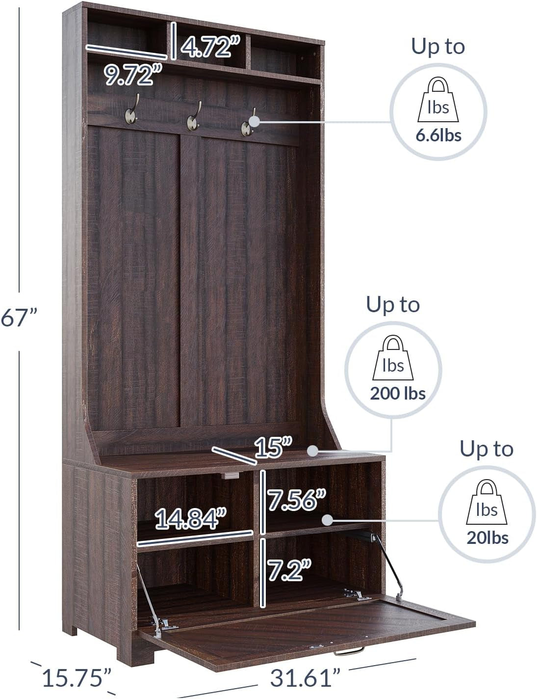 Entryway Hall Tree, Coat Rack, Storage Bench, 3-In-1 Design, Freestanding Shoe Rack - Hilo (Espresso)