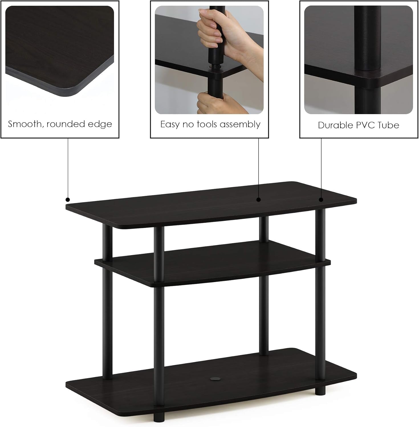 Turn-N-Tube No Tools 3-Tier Entertainment Center TV Stand for TV up to 32 Inch, Plastic round Tubes, Espresso/Black