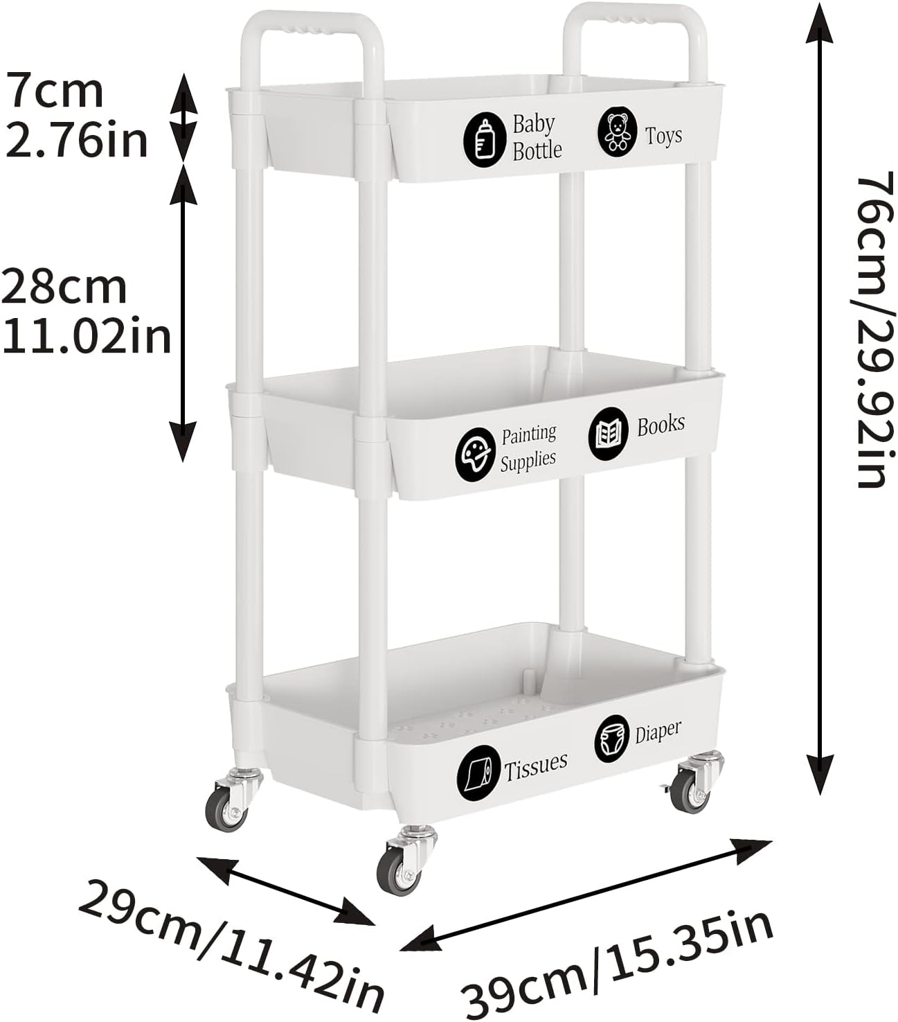 3-Tier Rolling Cart with Wheels,Multifunction Utility Storage Carts, Kitchen Storage Organizer,Mobile Shelving Unit for Bathroom,Laundry,With Classified Stickers,White