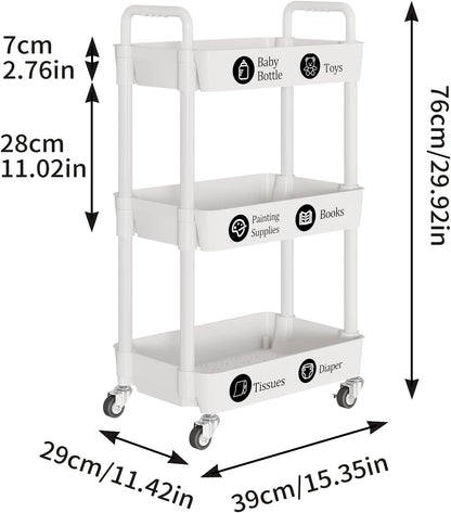 3-Tier Rolling Cart with Wheels,Multifunction Utility Storage Carts, Kitchen Storage Organizer,Mobile Shelving Unit for Bathroom,Laundry,With Classified Stickers,White