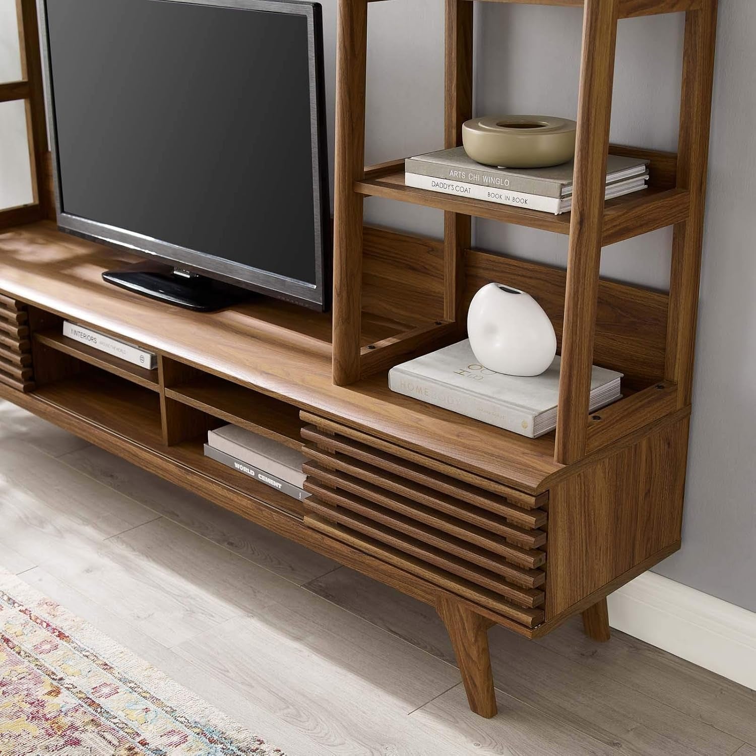 Render Mid-Century Modern TV Stand Entertainment Center, 70", Walnut