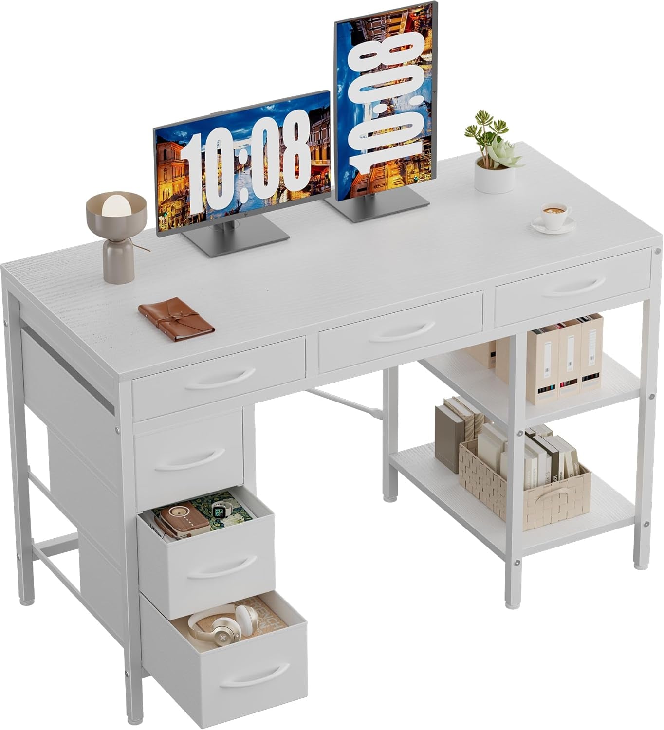 Computer Desk with 6 Drawers, 47" Home Office Writing Gaming Desks with Storage Shelves, Work Study Table for Bedroom Living Room White